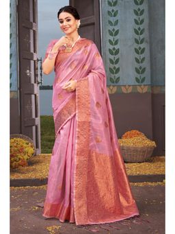 Sangam Prints - Pink Organza Woven Zari Work Traditional Tassel Saree with Unstitched Blouse