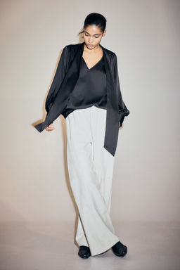 H&M - Women Black Tie-Neck Chiffon Blouse