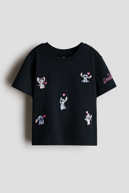 H&M - Girls Black Print-Motif Cotton T-Shirt