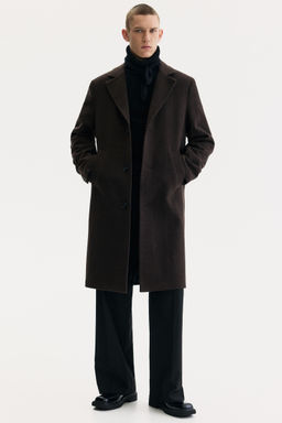 H&M - Men Brown Single-Breasted Wool-Blend Coat