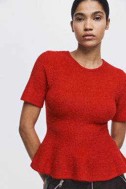 H&M - Women Red Rib-Knit Peplum Top