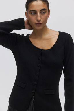 H&M - Women Black Scoop-Neck Rib-Knit Cardigan