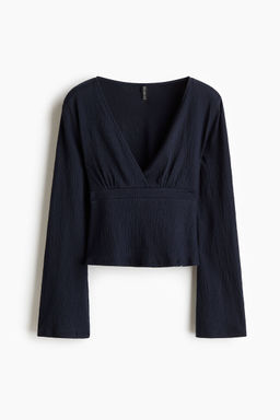 H&M - Women Blue Textured-Knit Tie-Detail Top