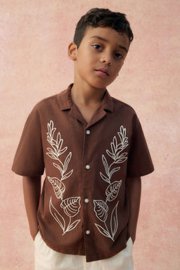 H&M - Boys Brown Embroidery-Motif Cotton Resort Shirt