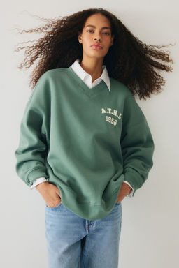 H&M - Women Green Oversized V-Neck Sweatshirt