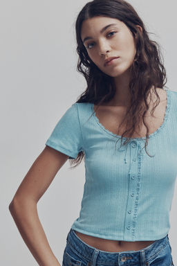 H&M - Women Turquoise Lace-Trimmed Top