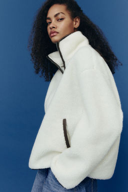 H&M - Women White Zip-Top Teddy Sweatshirt