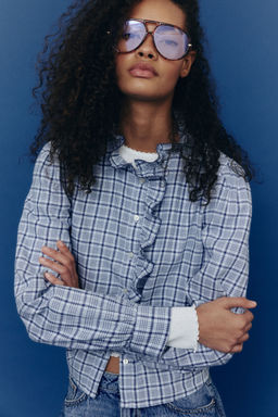 H&M - Women Multi-Color Frill-Collared Cotton Blouse