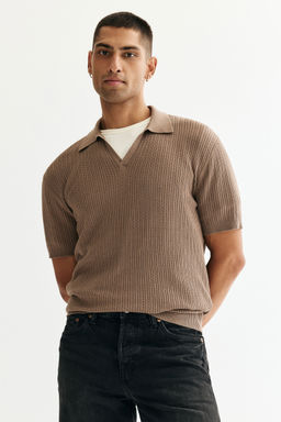 H&M - Men Beige Regular Fit Cable-Knit Polo Shirt