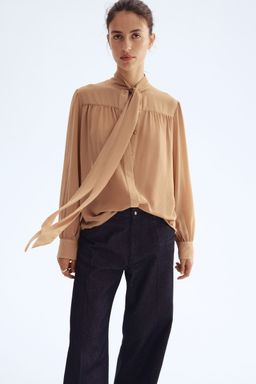 H&M - Women Beige Bow-Collar Chiffon Blouse