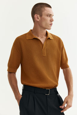H&M - Men Beige Regular Fit Knitted Polo Shirt