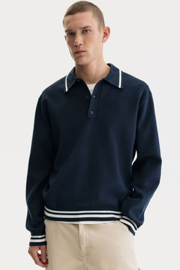 H&M - Men Blue Loose Fit Fine-Knit Polo Shirt