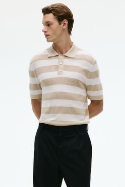 H&M - Men Beige Regular Fit Fine-Knit Polo Shirt