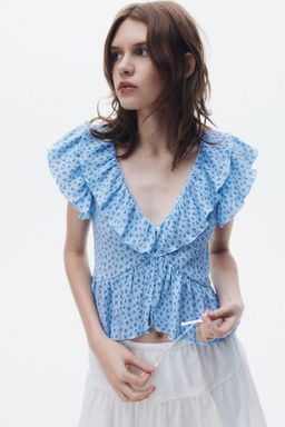 H&M - Women Blue Flounce-Collar Top
