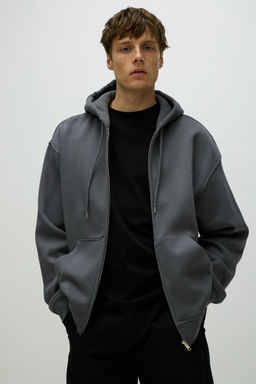 H&M - Men Grey Loose Fit Zip-Through Hoodie