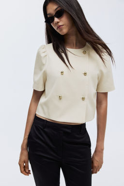H&M - Women Beige Puff-Sleeved Twill Jacket