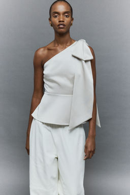 H&M - Women Beige Bow-Detail One-Shoulder Top