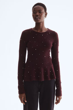 H&M - Women Red Bead-Embellished Peplum Top