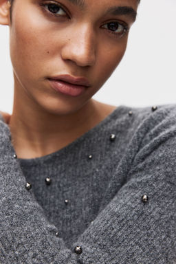 H&M - Women Grey Bead-Embellished Peplum Top