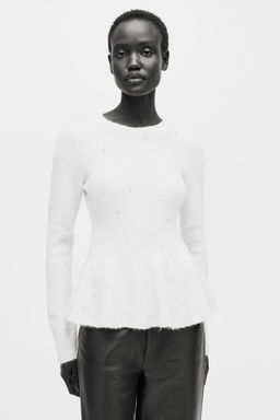 H&M - Women White Bead-Embellished Peplum Top