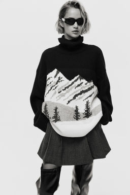 H&M - Women Blue Jacquard-Knit Polo-Neck Jumper