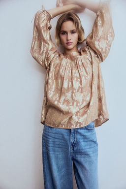H&M - Women Beige Oversized Jacquard-Weave Blouse