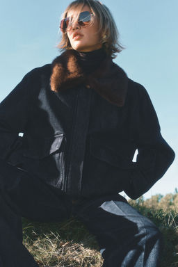 H&M - Women Blue Fluffy-Collar Denim Jacket