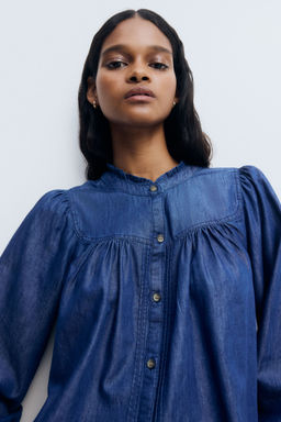 H&M - Women Blue Frill-Trimmed Denim Blouse