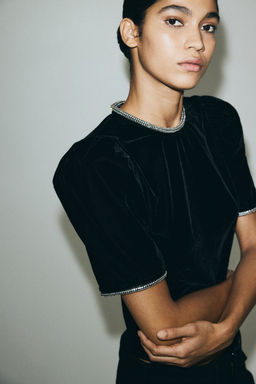 H&M - Women Black Rhinestone-Embellished Velvet Top