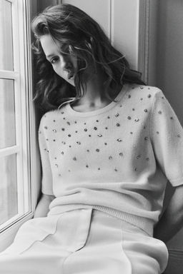 H&M - Women White Rhinestone-Embellished Fine-Knit Top