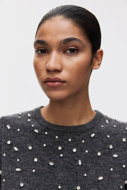 H&M - Women Grey Rhinestone-Embellished Fine-Knit Top