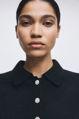 H&M - Women Black Short-Sleeved Collared Cardigan