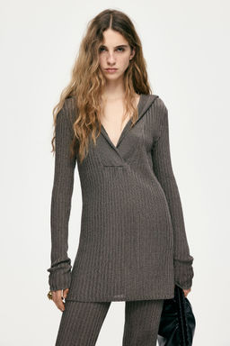 H&M - Women Grey Metallic Rib-Knit Hoodie