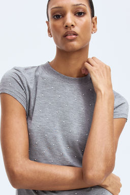 H&M - Women Grey Metal-Detail T-Shirt