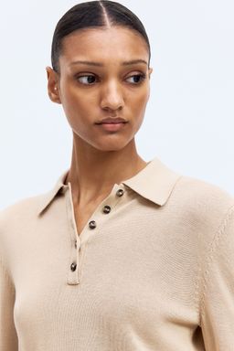 H&M - Women Beige Fine-Knit Polo Shirt