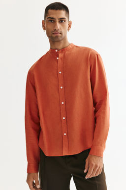 H&M - Men Orange Regular Fit Linen-Blend Grandad Shirt