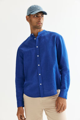 H&M - Men Blue Regular Fit Linen-Blend Grandad Shirt