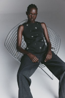 H&M - Women Grey Embellished Scuba Top