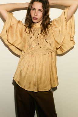 H&M - Women Yellow Embroidered Jacquard Blouse