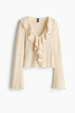 H&M - Women Beige Frill-Trimmed V-Neck Top