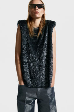 H&M - Women Black Sequined Shoulder-Pad Top