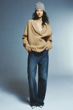 H&M - Women Beige Rib-Knit Shawl-Collar Jumper