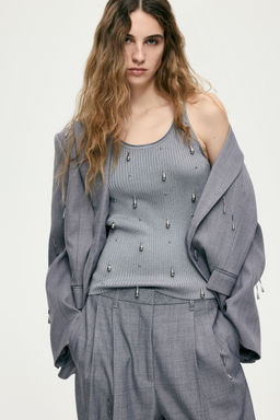 H&M - Women Grey Bead-Embellished Vest Top