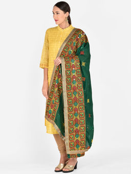 Dupatta Bazaar - Women's Phulkari Green and Multi-Color Pure Chinon Dupatta
