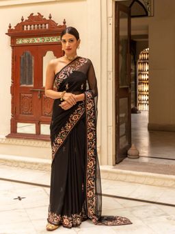 Geroo Luxe - Black Hand Embroidered Chiffon Saree