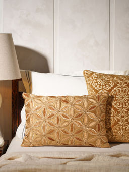Pure Home + Living - Gold Embroidered Rectangle Cushion Cover (12X18 Inches)