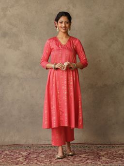 Akiso - Coral Pink Anarkali Kurta Embroidery & Piping Detail with Pant (Set of 2)