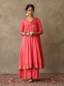 Akiso - Coral Pink Printed Anarkali Kurta with Embroidery Details & Palazzo (Set of 2)