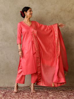 Akiso - Front Pleat Solid Coral Pink Embroidery Kurta with Printed Pant & Dupatta (Set of 3)