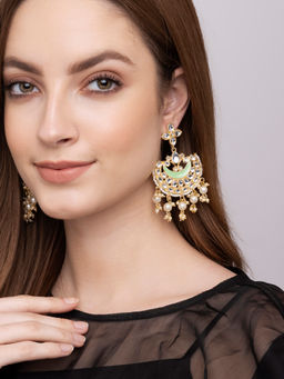 Indya - Gold Green Enamel Pearl Drop Dangler Earrings